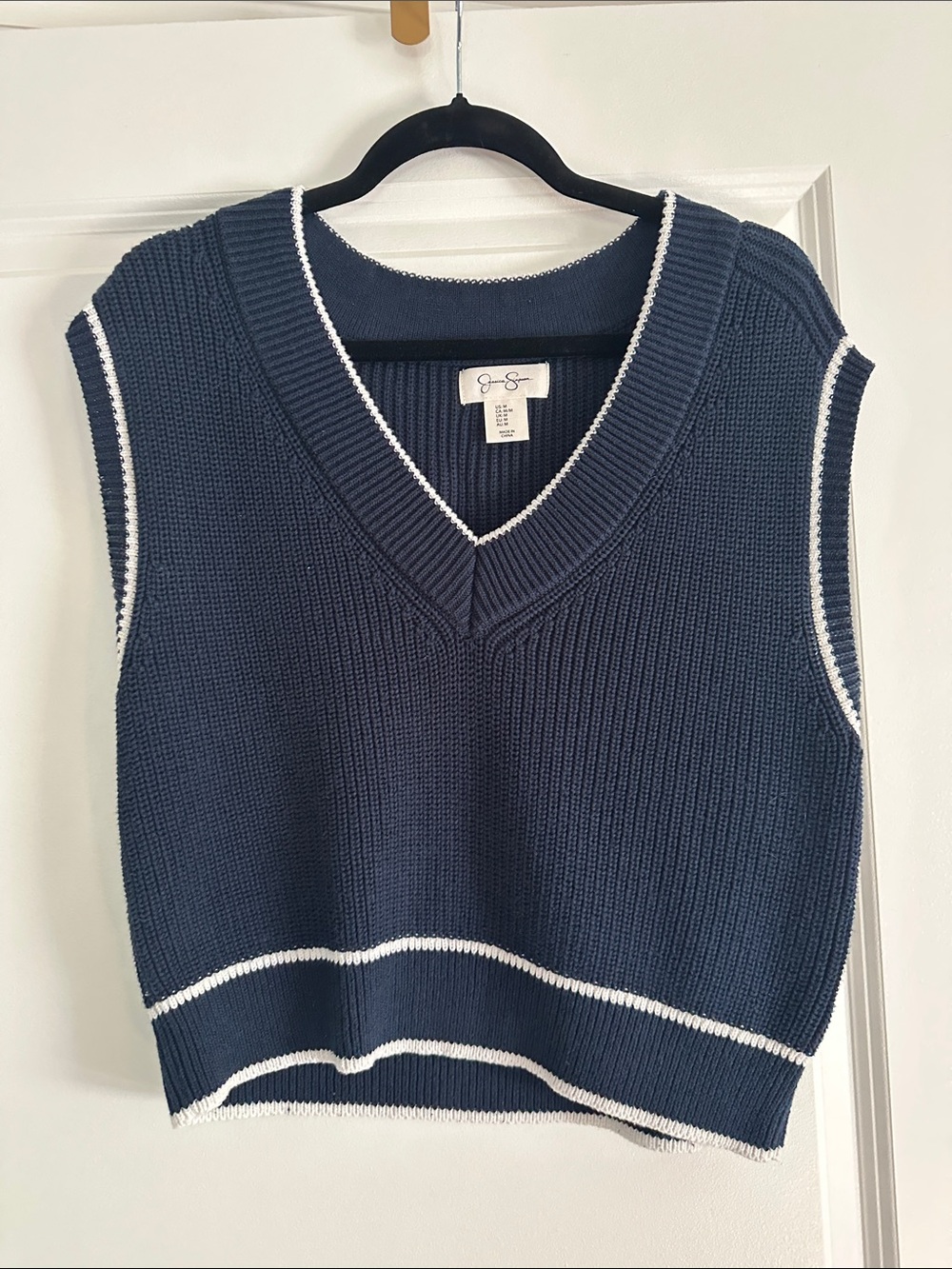 Jessica Simpson Navy V-Neck Knit Sweater Vest with White Trim